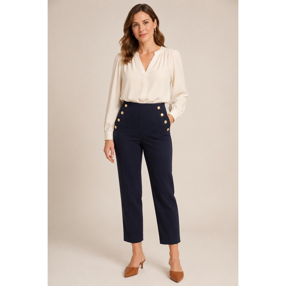 Talbots Navy Blue Sailor Pants Gold Button Wide Leg Old Money Minimalist Size 10